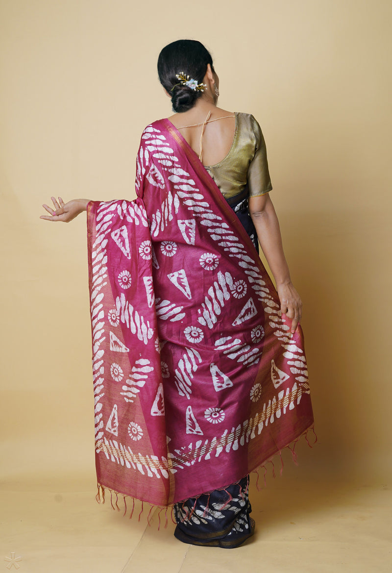 Black-Grape Pink  Batik Printed Chanderi Sico Saree-UNM73190