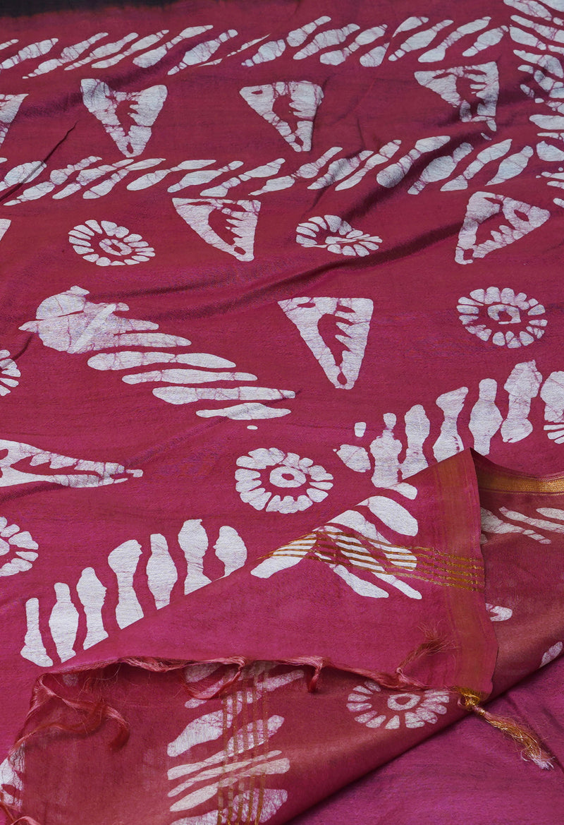 Black-Grape Pink  Batik Printed Chanderi Sico Saree-UNM73190