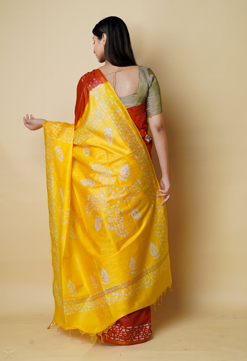 Red-Yellow  Batik Printed Chanderi Sico Saree-UNM73191