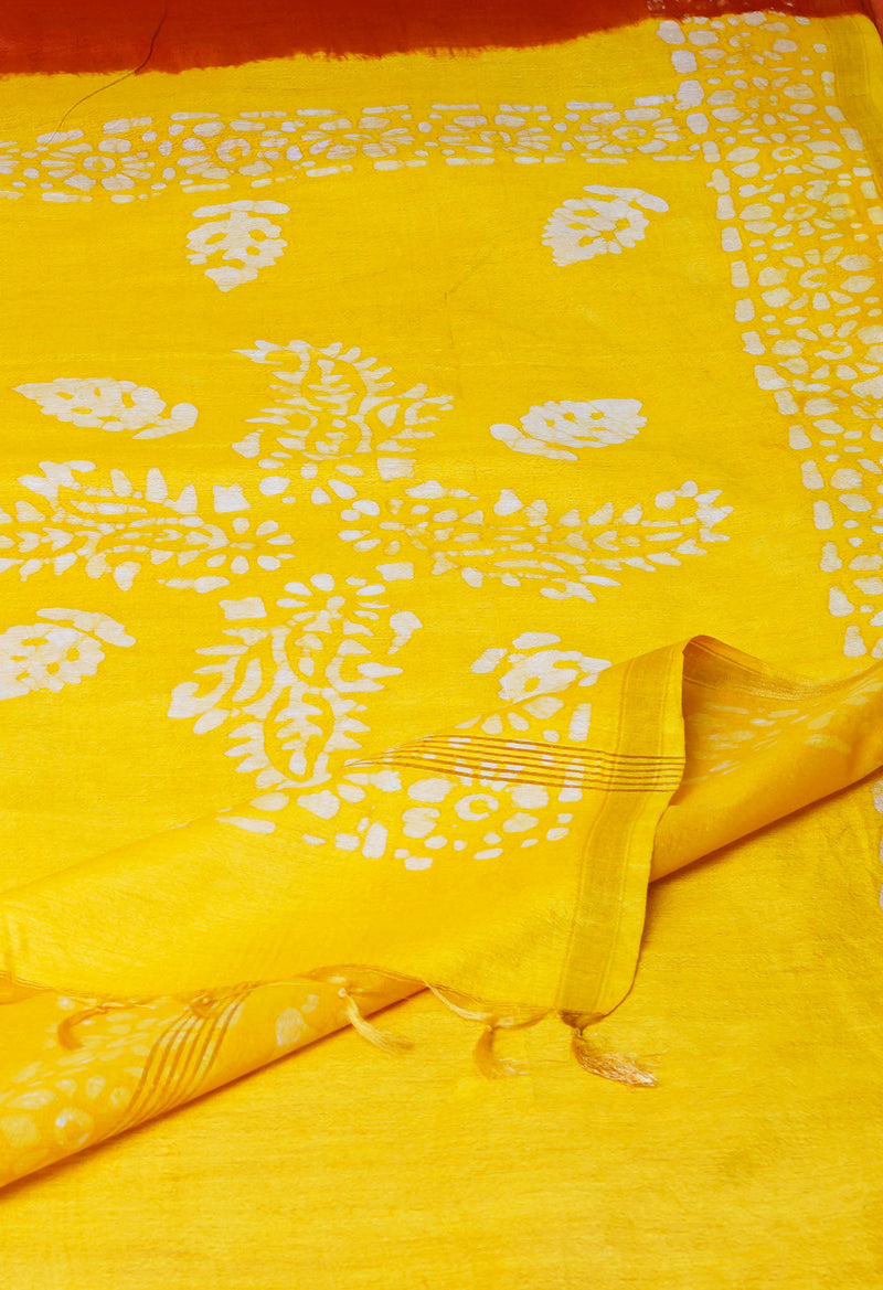 Red-Yellow  Batik Printed Chanderi Sico Saree-UNM73191