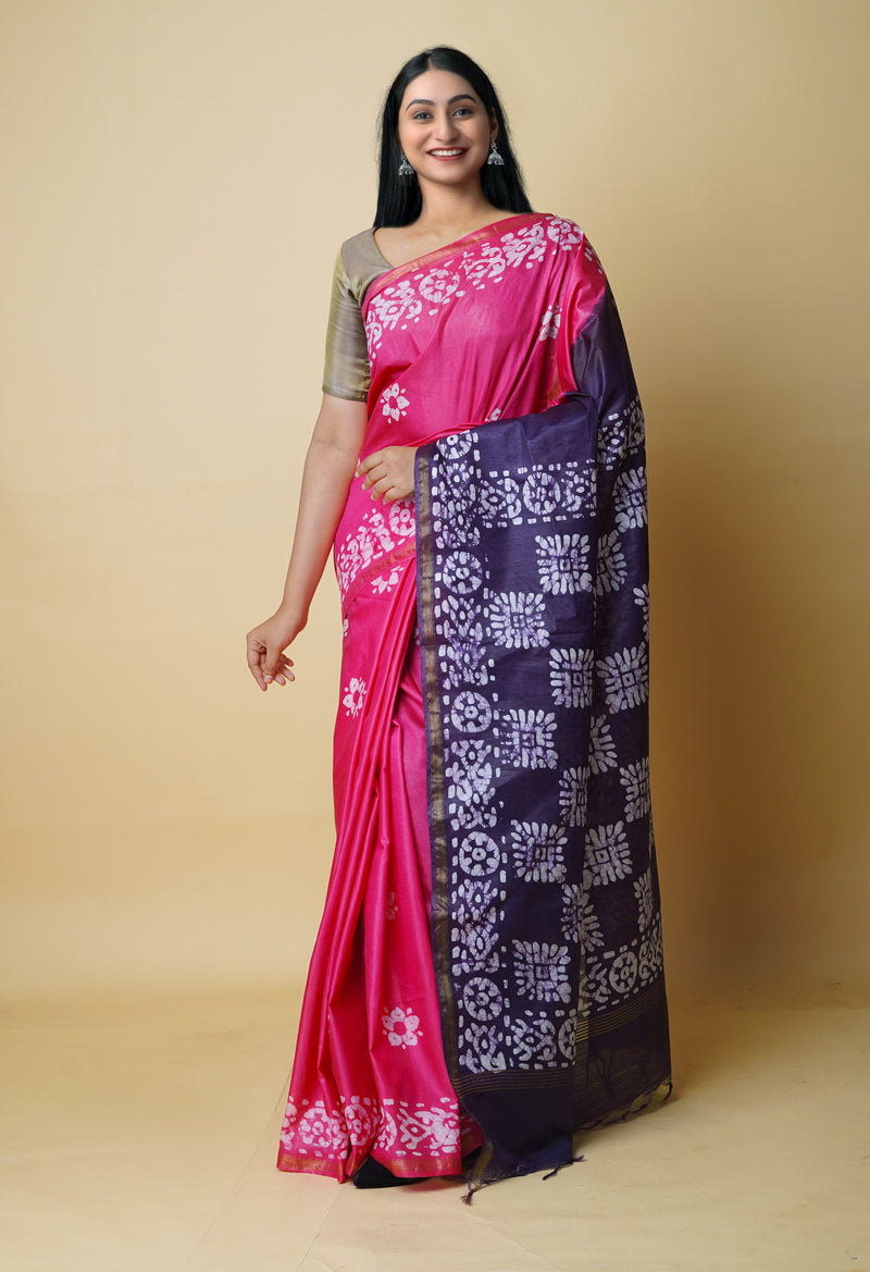 Pink-Dark Purple  Batik Printed Chanderi Sico Saree-UNM73192