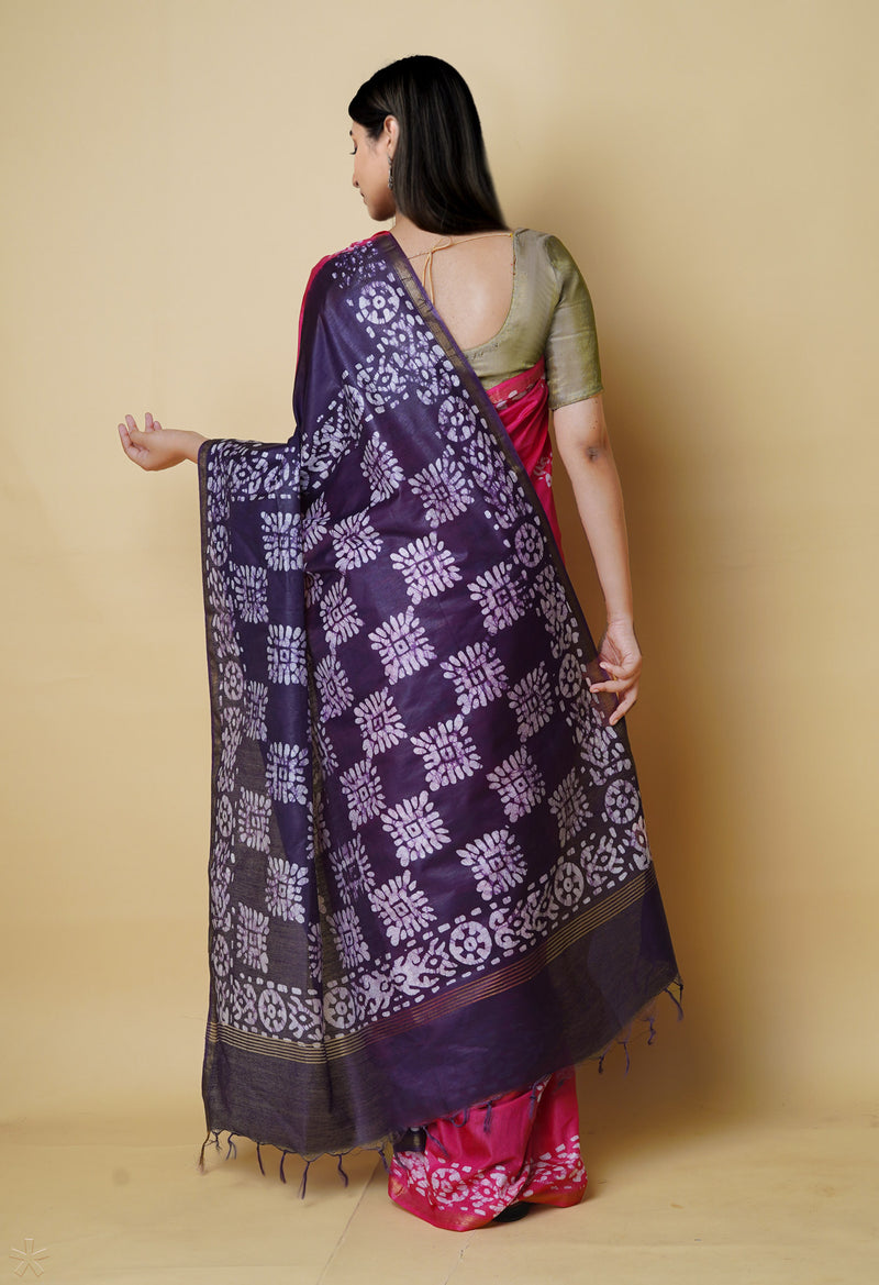 Pink-Dark Purple  Batik Printed Chanderi Sico Saree-UNM73192