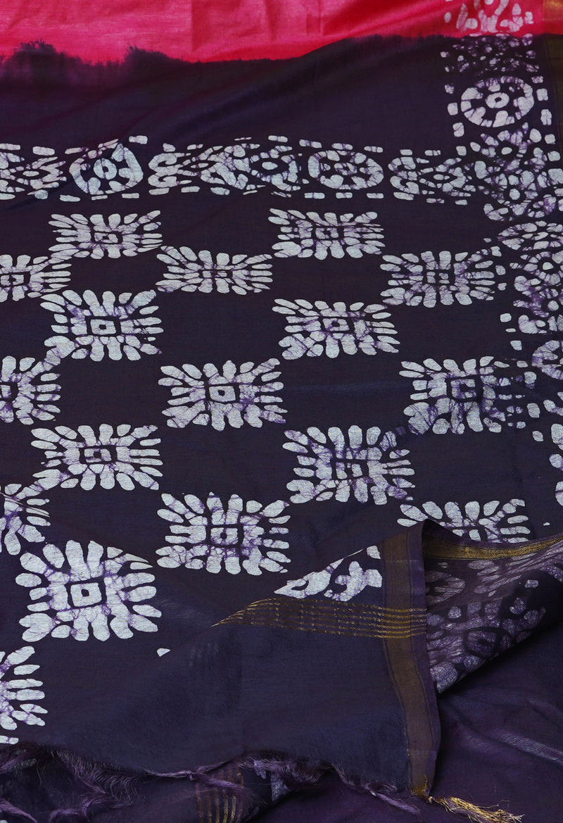 Pink-Dark Purple  Batik Printed Chanderi Sico Saree-UNM73192