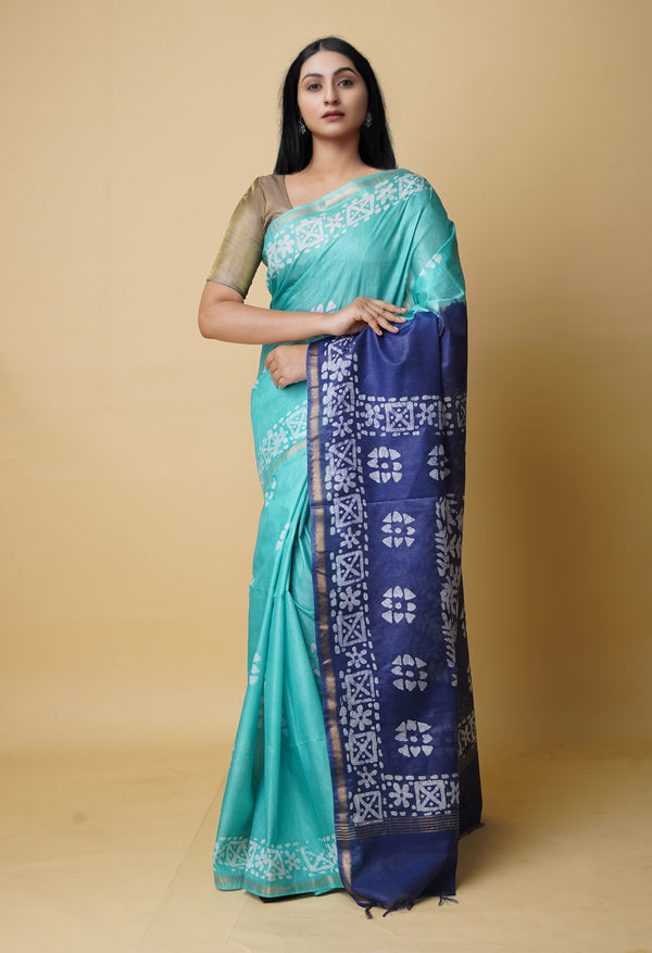 Sea Green-Navy Blue  Batik Printed Chanderi Sico Saree-UNM73193