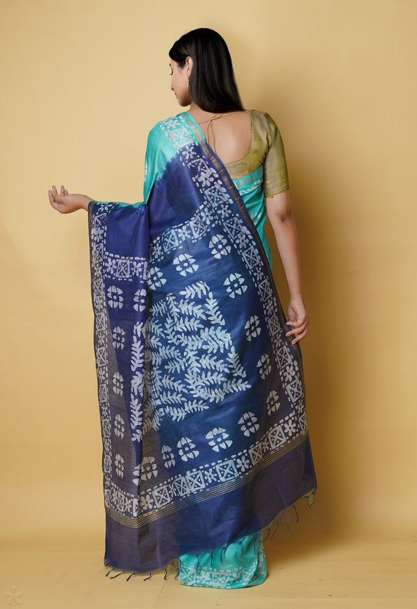 Sea Green-Navy Blue  Batik Printed Chanderi Sico Saree-UNM73193