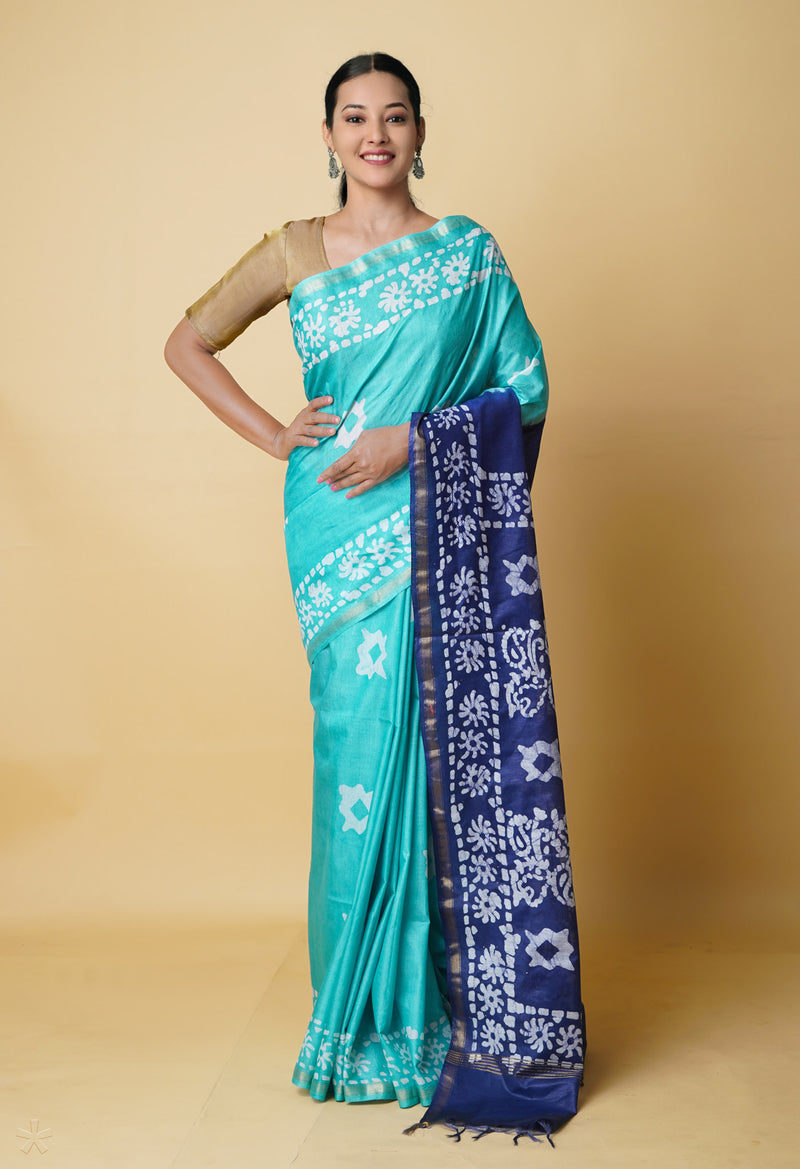 Sea Green-Navy Blue  Batik Printed Chanderi Sico Saree-UNM73194