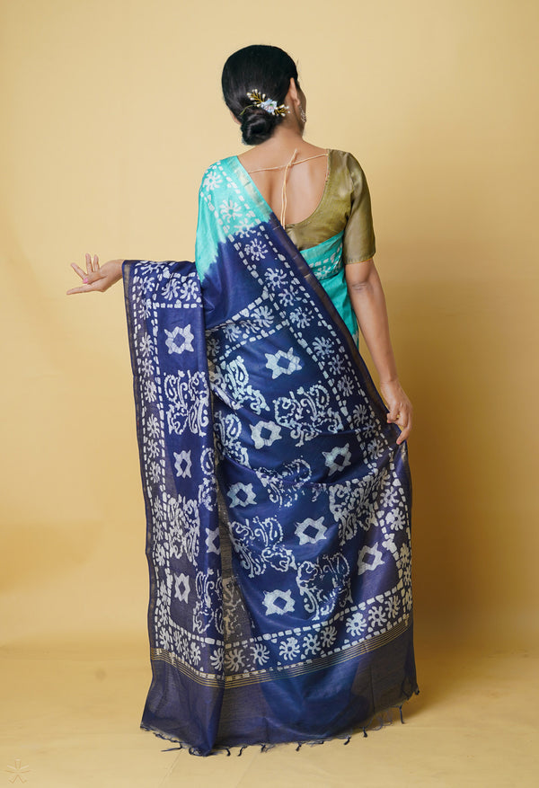 Sea Green-Navy Blue  Batik Printed Chanderi Sico Saree-UNM73194