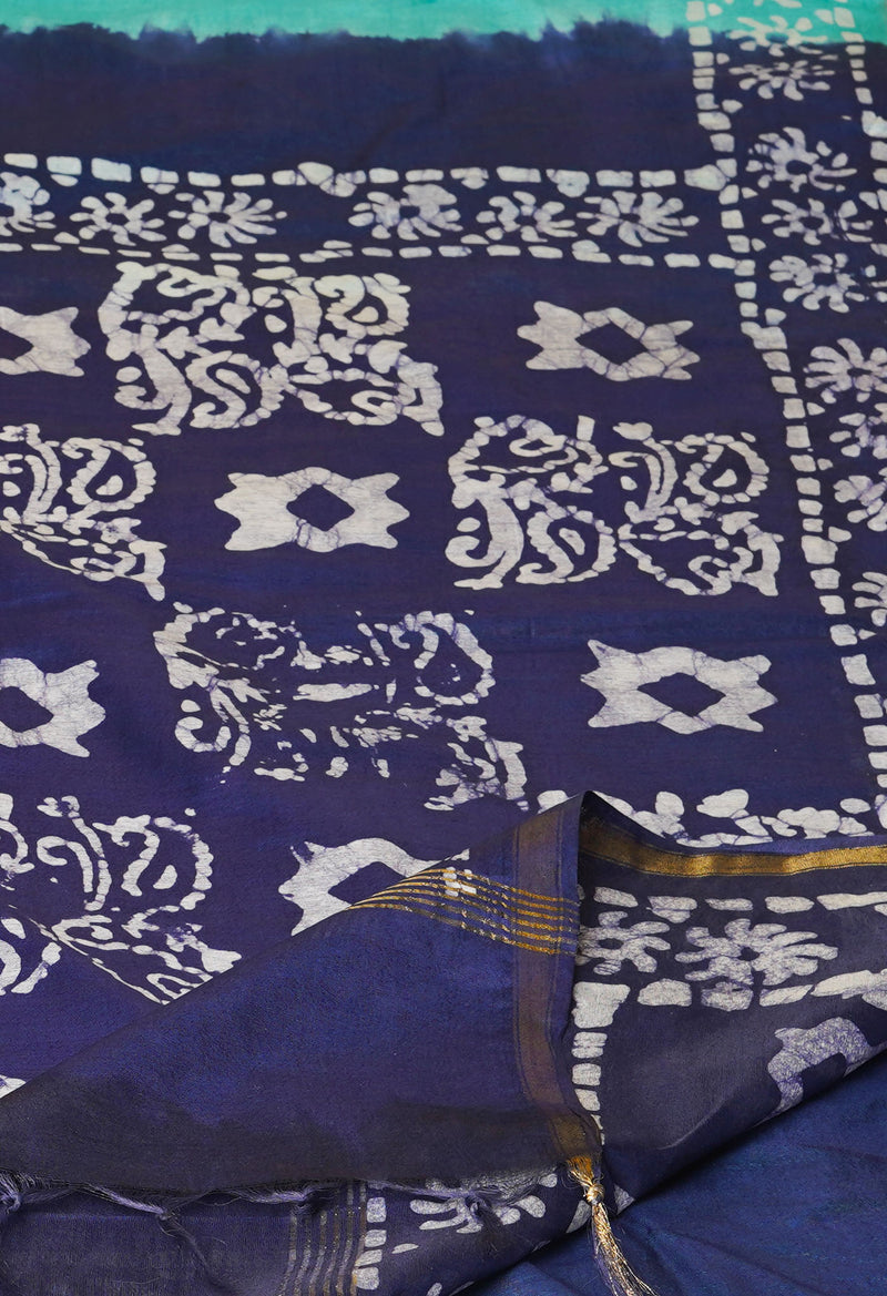 Sea Green-Navy Blue  Batik Printed Chanderi Sico Saree-UNM73194