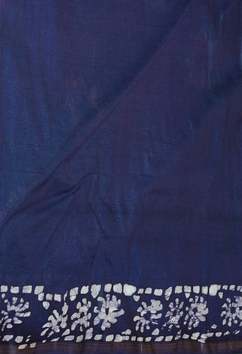 Sea Green-Navy Blue  Batik Printed Chanderi Sico Saree-UNM73194