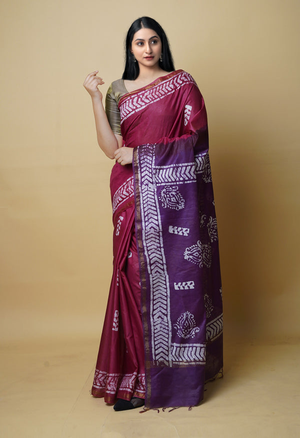 Maroon-Dark Purple  Batik Printed Chanderi Sico Saree-UNM73195
