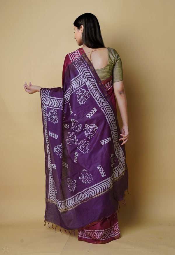 Maroon-Dark Purple  Batik Printed Chanderi Sico Saree-UNM73195