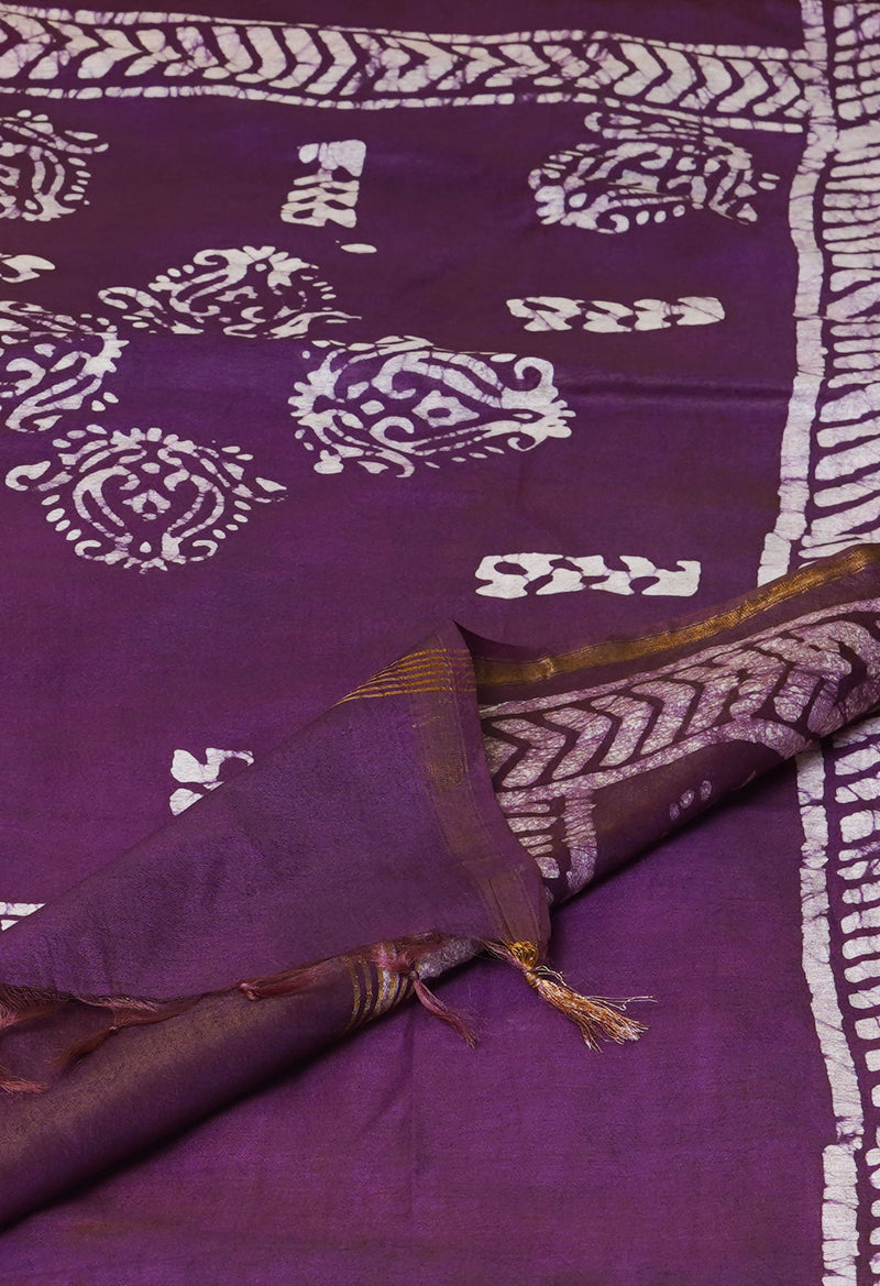 Maroon-Dark Purple  Batik Printed Chanderi Sico Saree-UNM73195