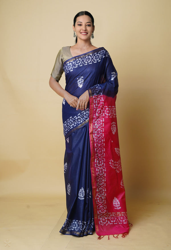 Navy Blue-Pink  Batik Printed Chanderi Sico Saree-UNM73196