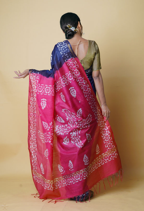 Navy Blue-Pink  Batik Printed Chanderi Sico Saree-UNM73196