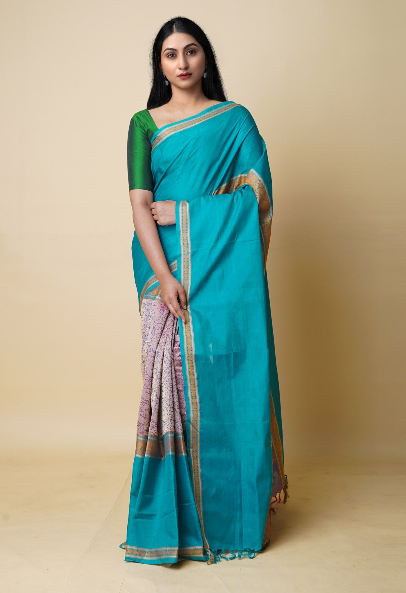 Peacock Green Pure Handloom Assam Cotton Silk Saree