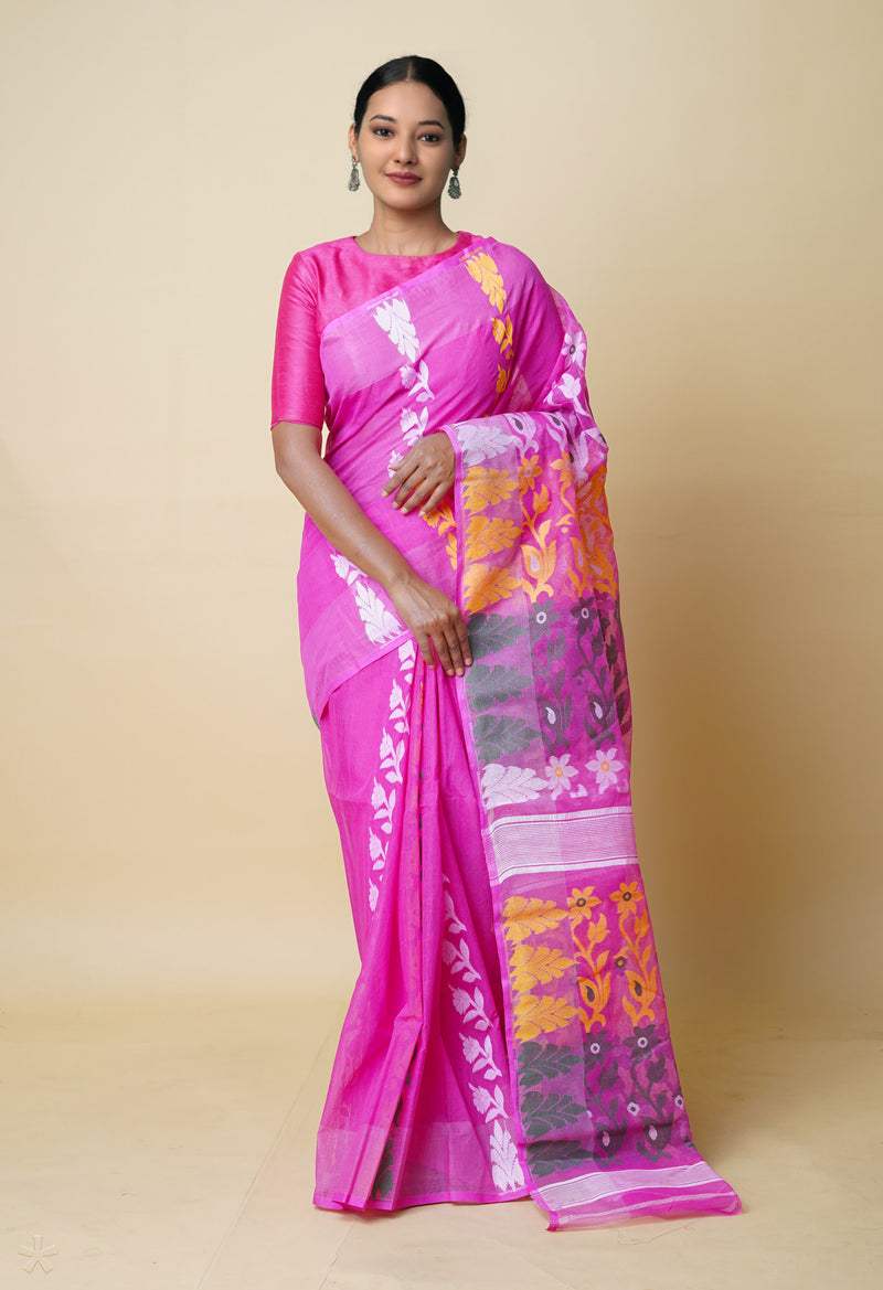 Pink Pure Handloom Dhaka Jamdhani Bengal Cotton Silk Saree-UNM73210