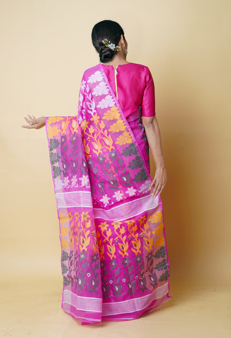 Pink Pure Handloom Dhaka Jamdhani Bengal Cotton Silk Saree-UNM73210