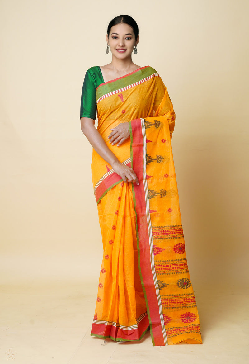 Orange Pure Handloom Superfine Bengal Cotton Saree-UNM73211