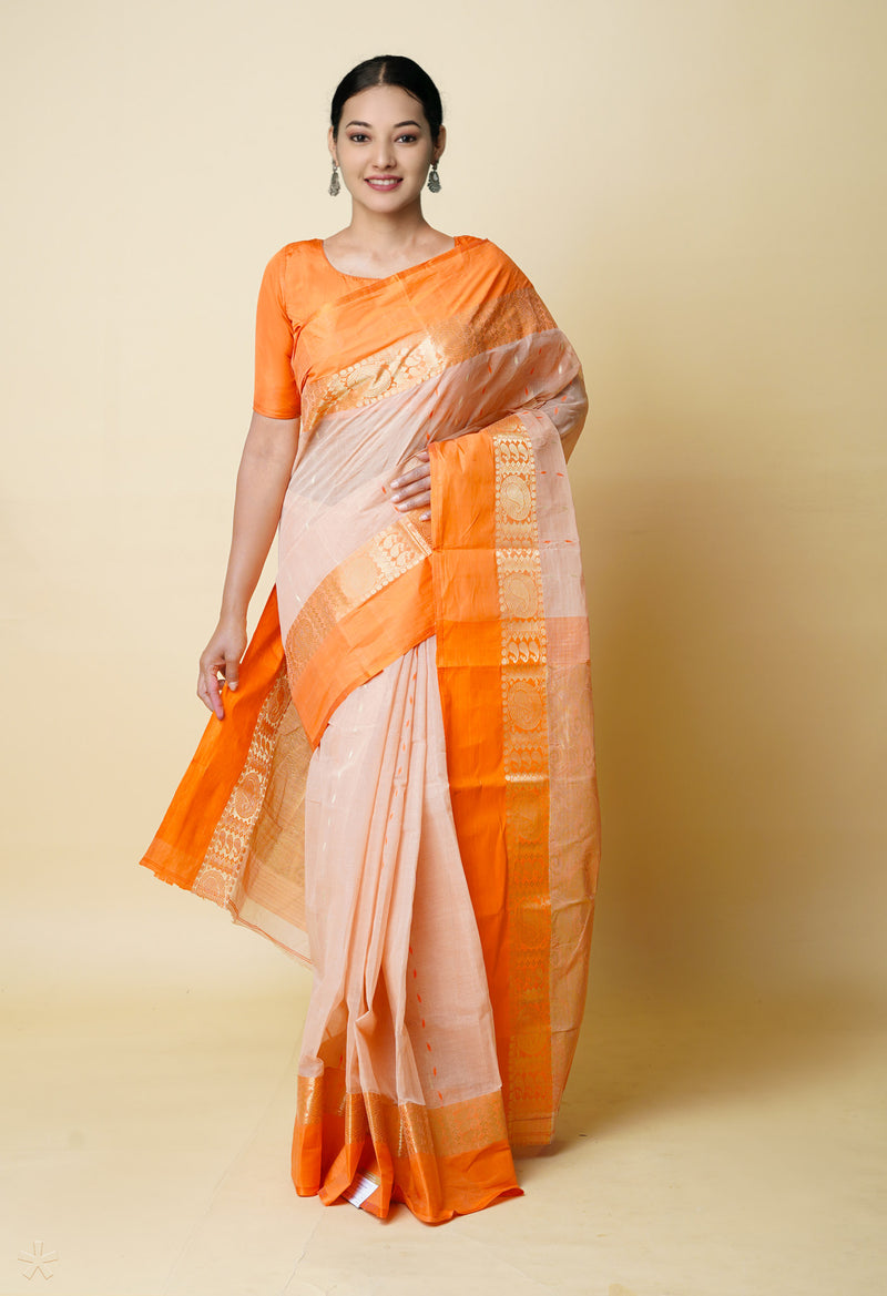 Peach Orange Pure Handloom Superfine Bengal Cotton Saree-UNM73213