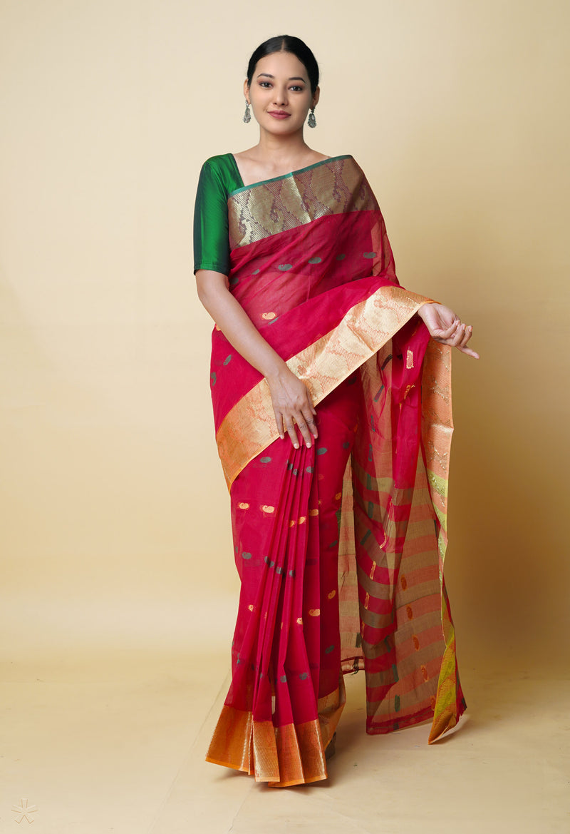 Red Pure Handloom Bengal Tant Cotton Saree-UNM73214