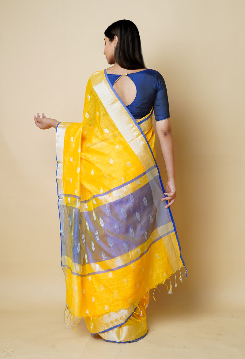 Yellow  Bengal Linen Saree-UNM73217