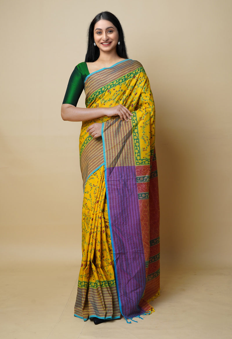 Yellow Pure  Block Printed Mangalagiri  Silk Saree-UNM73222