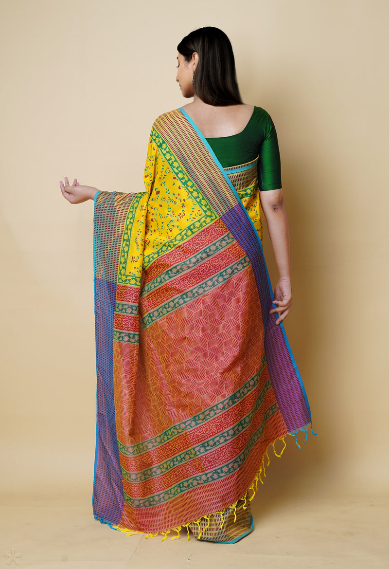 Yellow Pure  Block Printed Mangalagiri  Silk Saree-UNM73222