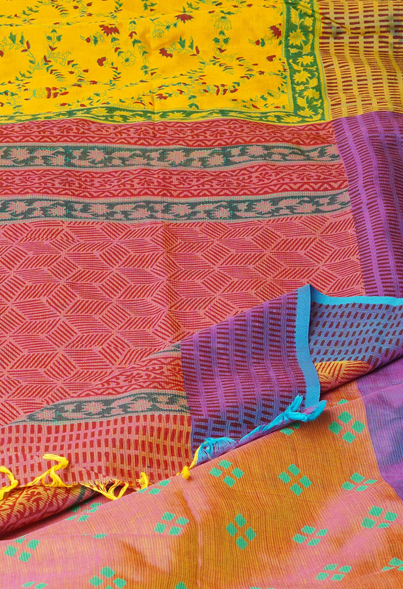 Yellow Pure  Block Printed Mangalagiri  Silk Saree-UNM73222