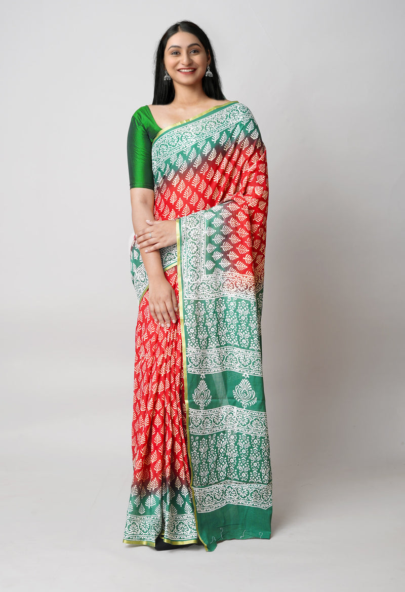 Red-Green Pure  Contrast Dye Discharge Hand Block Printed Superfine Mulmul Cotton Saree-UNM73223