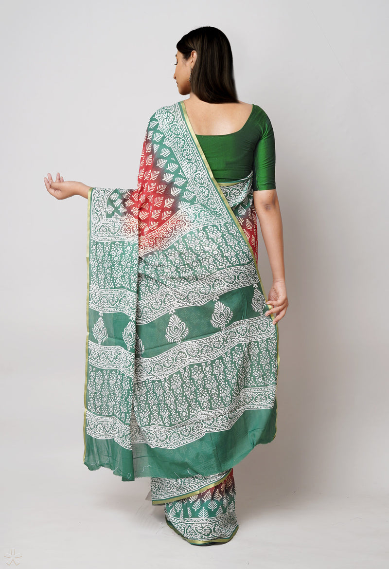 Red-Green Pure  Contrast Dye Discharge Hand Block Printed Superfine Mulmul Cotton Saree-UNM73223