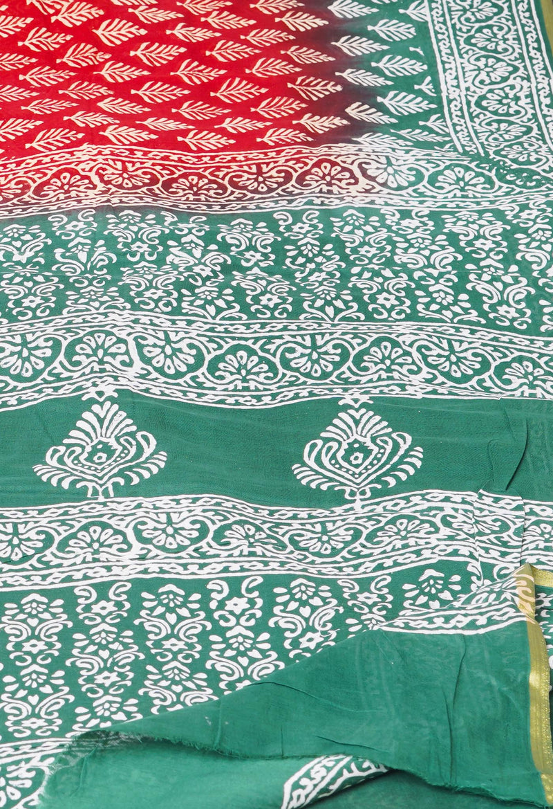 Red-Green Pure  Contrast Dye Discharge Hand Block Printed Superfine Mulmul Cotton Saree-UNM73223
