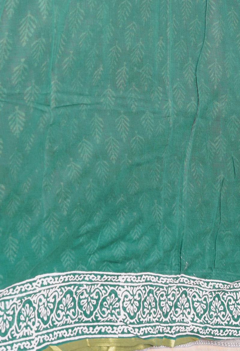 Red-Green Pure  Contrast Dye Discharge Hand Block Printed Superfine Mulmul Cotton Saree-UNM73223