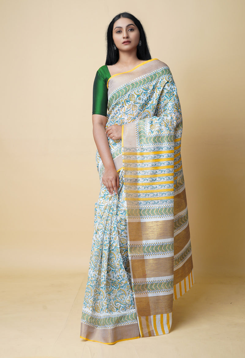 White Pure  Dyed Printed Kerala Cotton Silk Saree-UNM73225