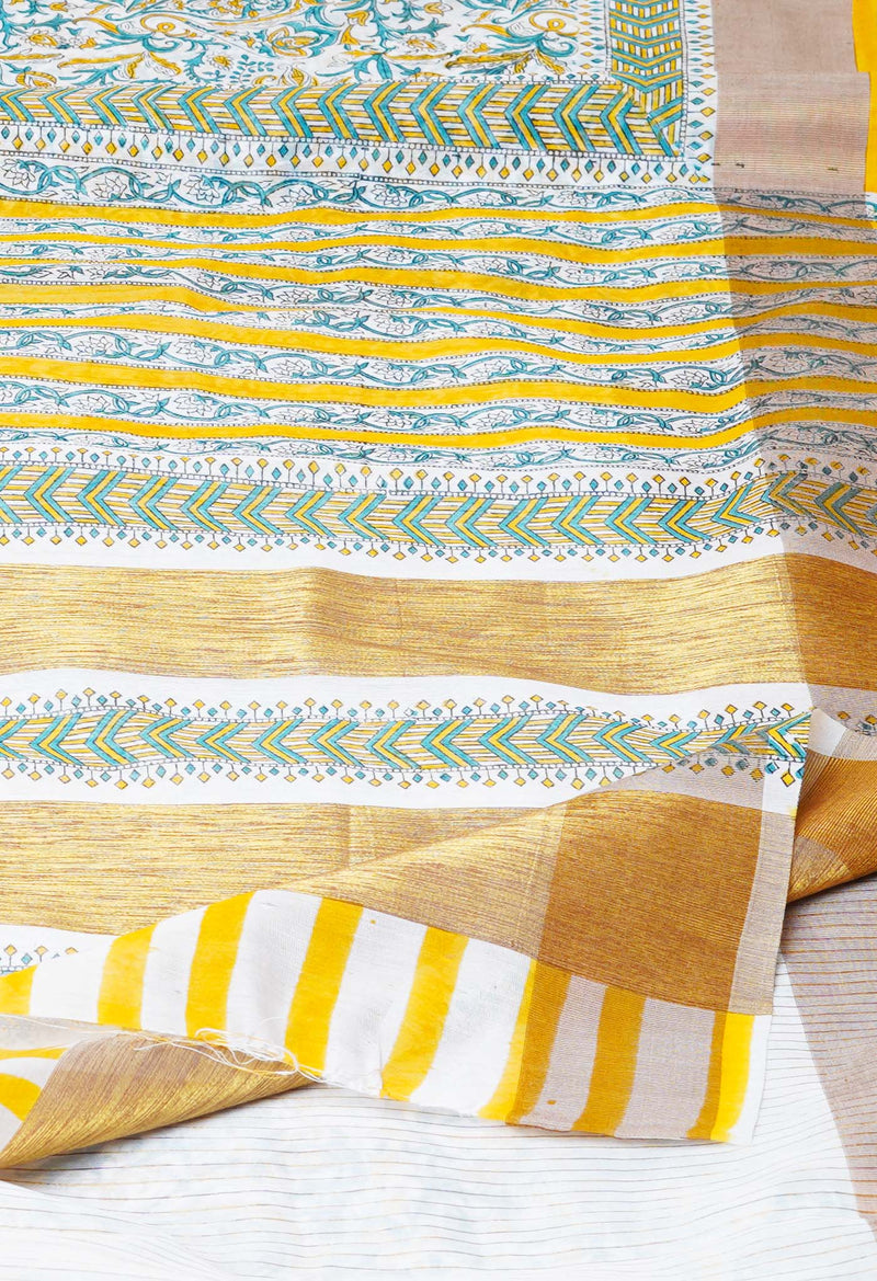 White Pure  Dyed Printed Kerala Cotton Silk Saree-UNM73225