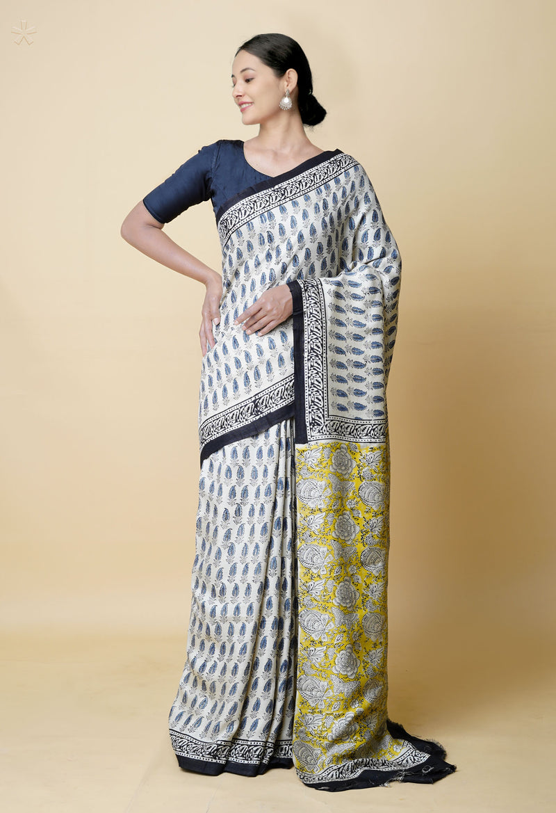Ivory Pure  Bagru Printed Pashima Silk Saree-UNM73256