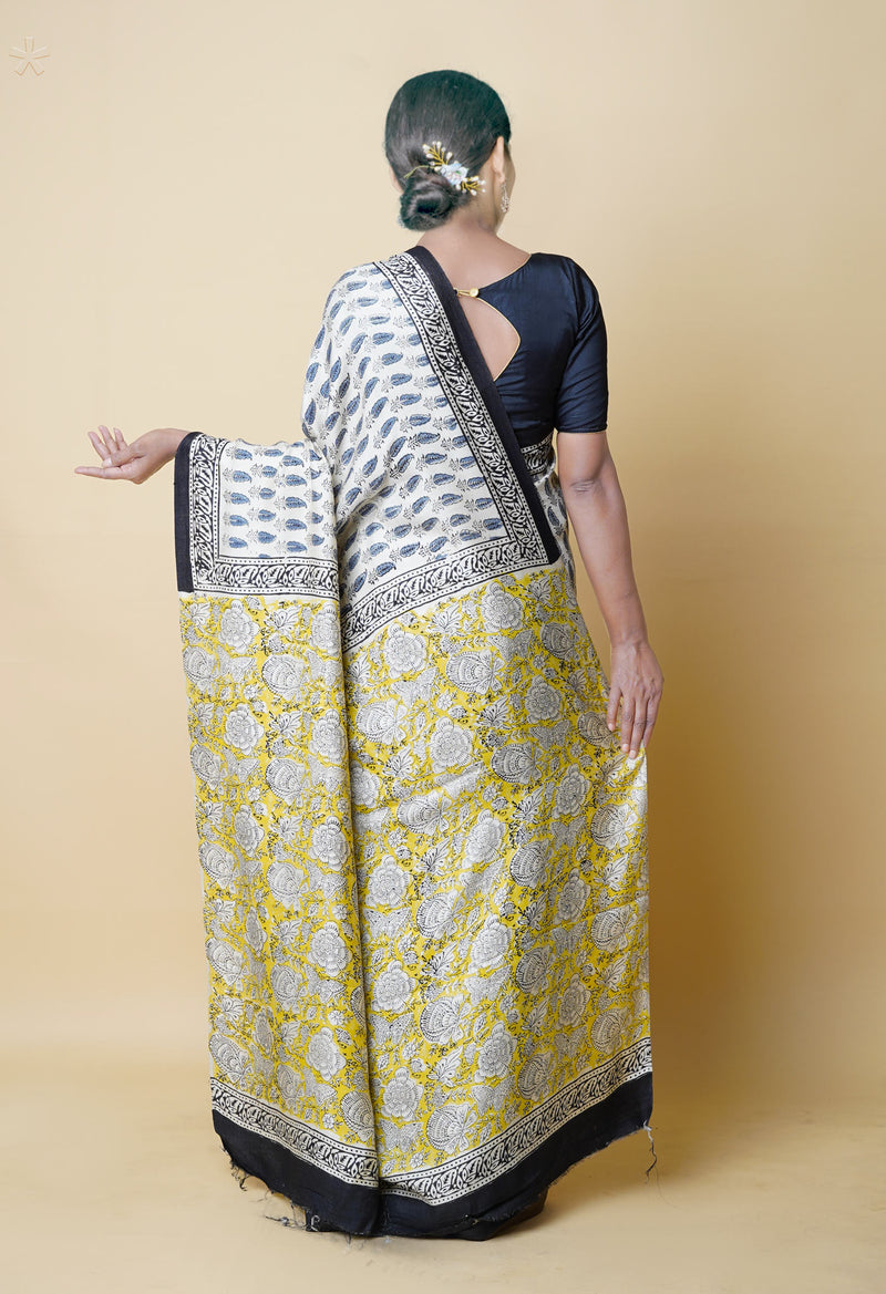Ivory Pure  Bagru Printed Pashima Silk Saree-UNM73256