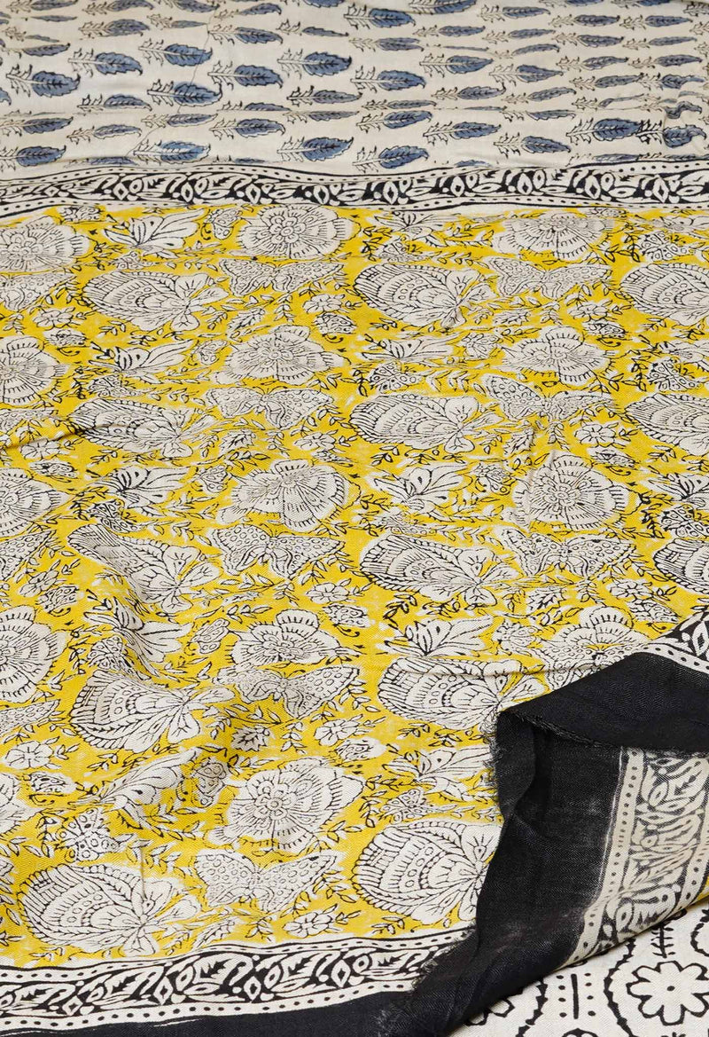 Ivory Pure  Bagru Printed Pashima Silk Saree-UNM73256