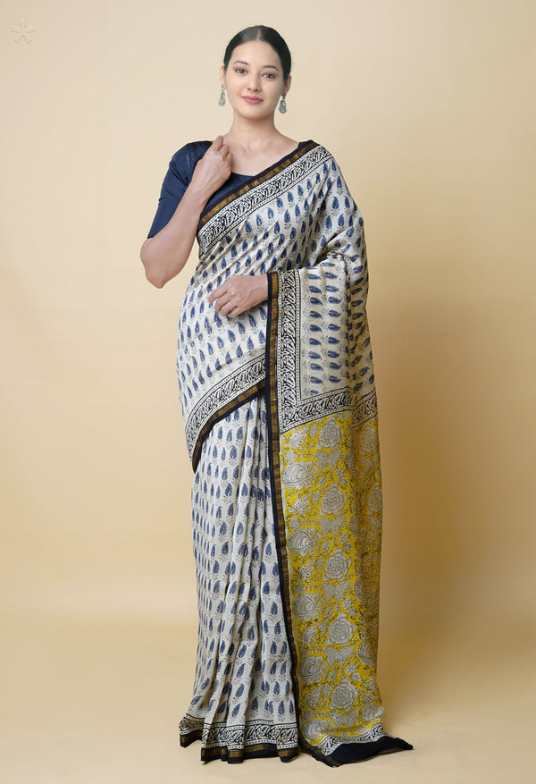 Ivory Pure  Bagru Printed Chanderi Sico Saree-UNM73258