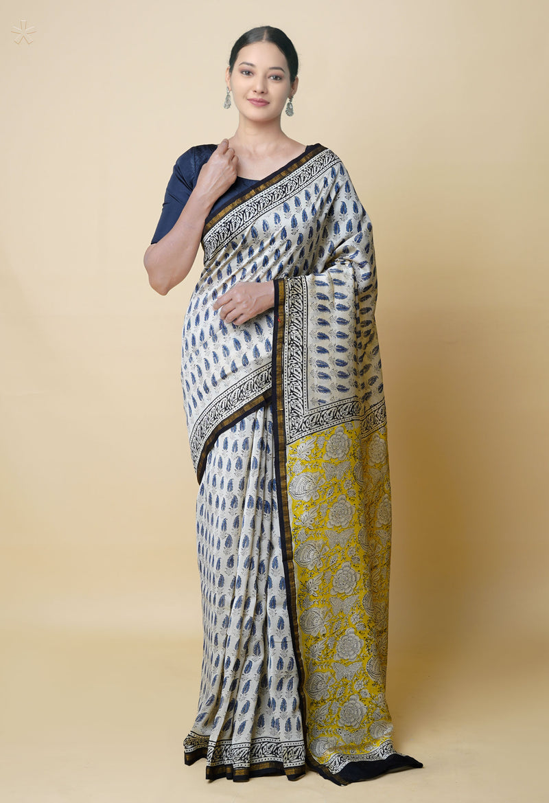 Ivory Pure  Bagru Printed Chanderi Sico Saree-UNM73258