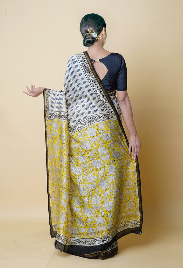Ivory Pure  Bagru Printed Chanderi Sico Saree-UNM73258