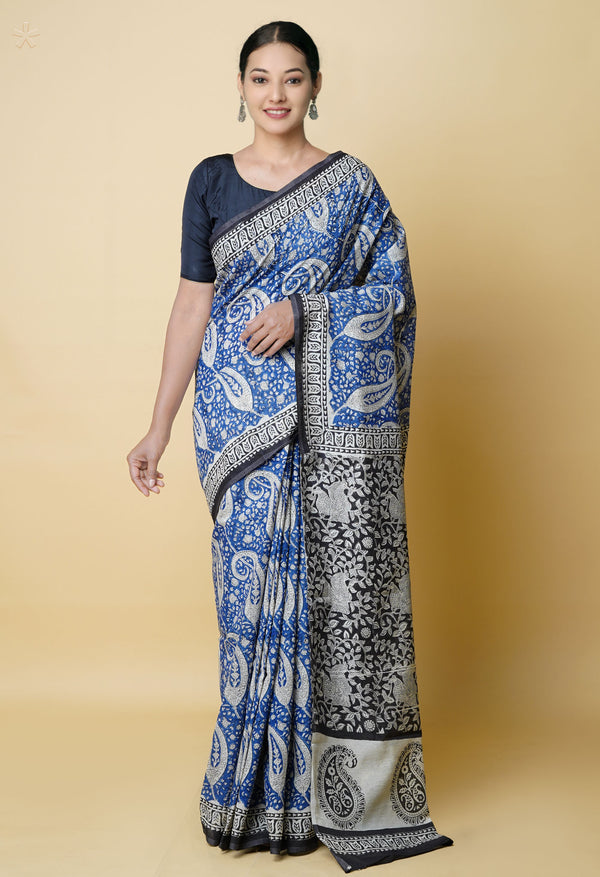 Blue Pure  Bagru Printed Chanderi Sico Saree-UNM73259