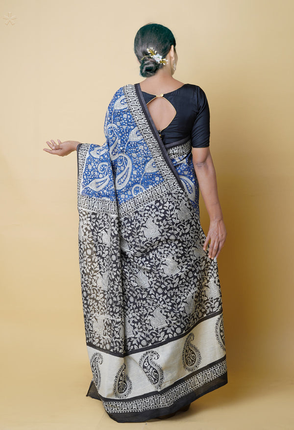 Blue Pure  Bagru Printed Chanderi Sico Saree-UNM73259