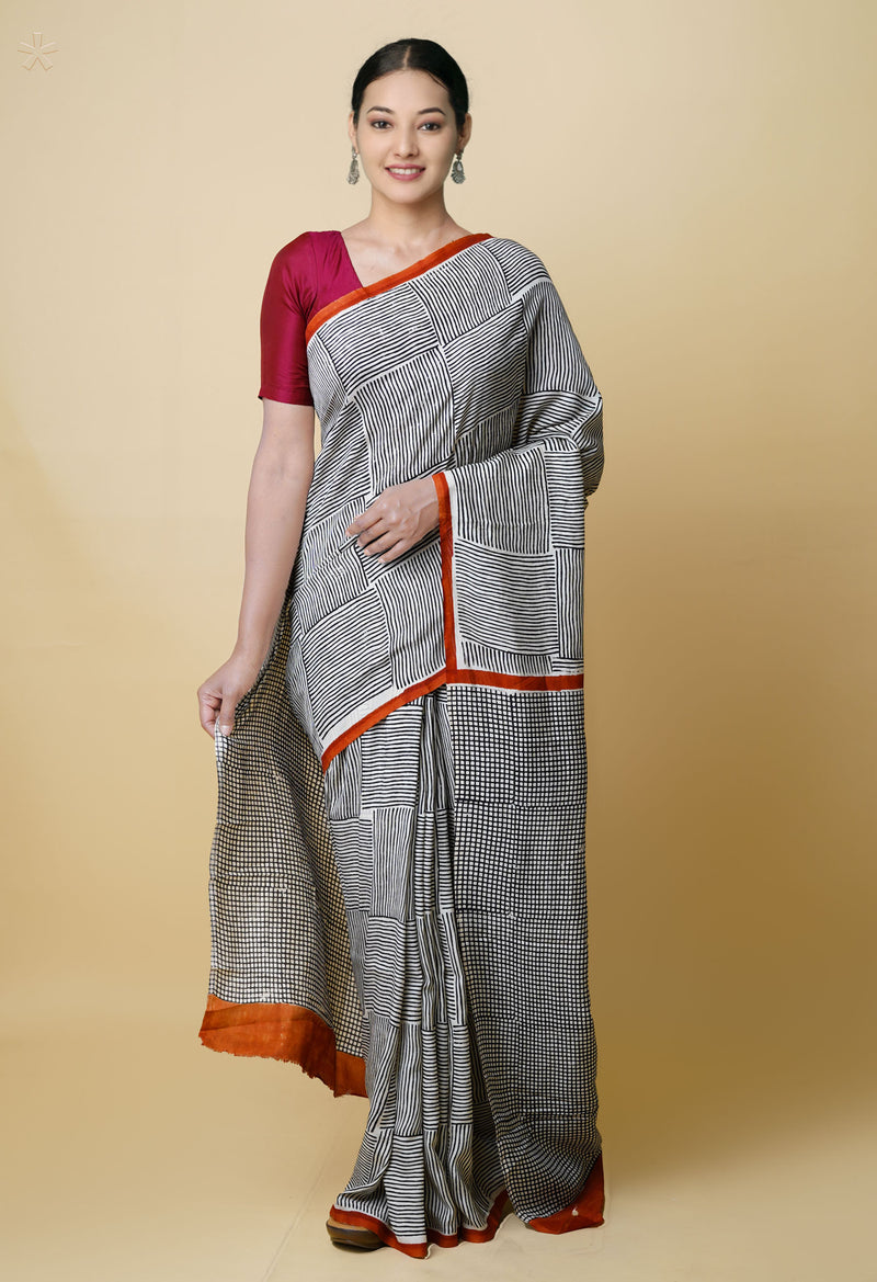 Ivory Pure  Bagru Printed Soft Silk Saree-UNM73261