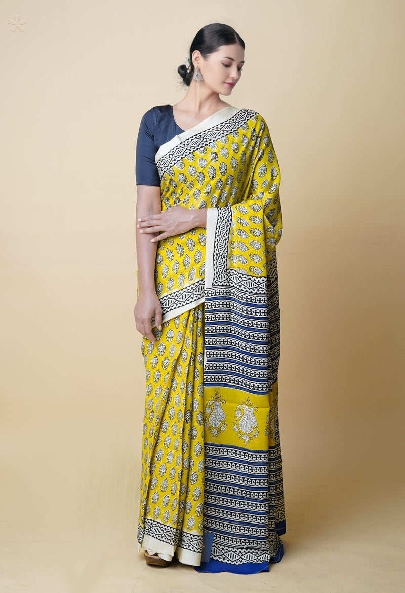 Yellow Pure  Bagru Printed Georgette Silk Saree-UNM73265