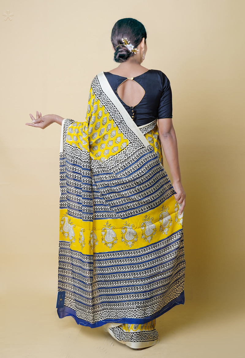 Yellow Pure  Bagru Printed Georgette Silk Saree-UNM73265