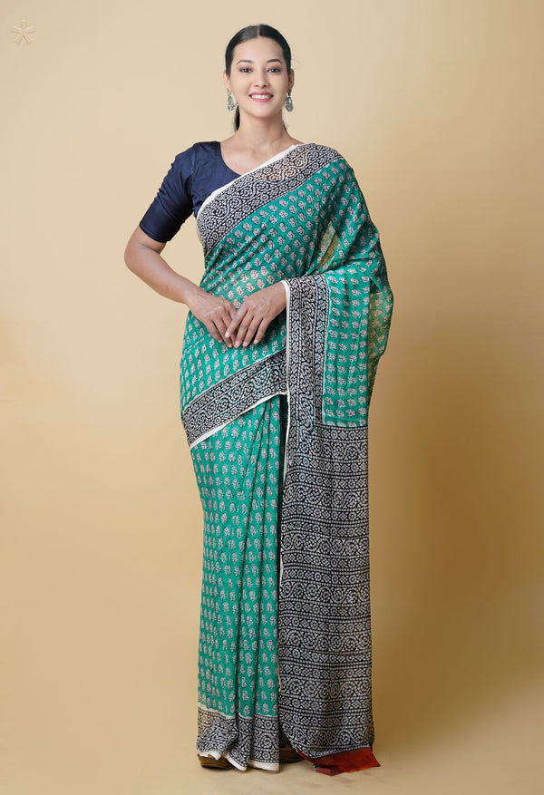 Green Pure  Bagru Printed Chiffon Silk Saree-UNM73268