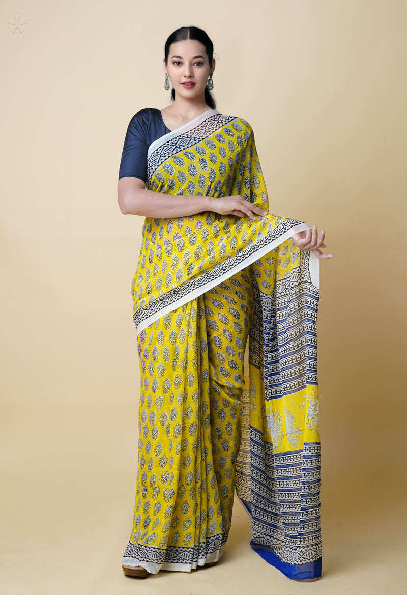 Yellow Pure  Bagru Printed Chiffon Silk Saree-UNM73269