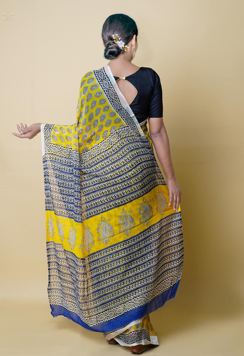 Yellow Pure  Bagru Printed Chiffon Silk Saree-UNM73269