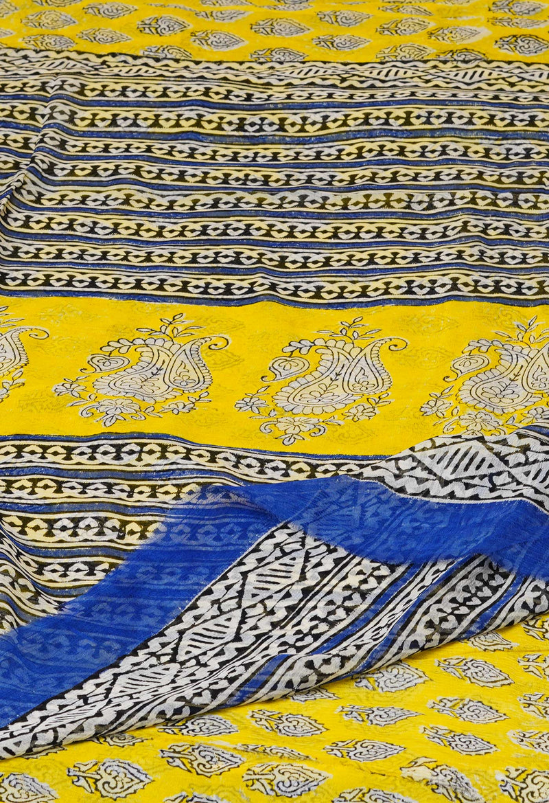 Yellow Pure  Bagru Printed Chiffon Silk Saree-UNM73269