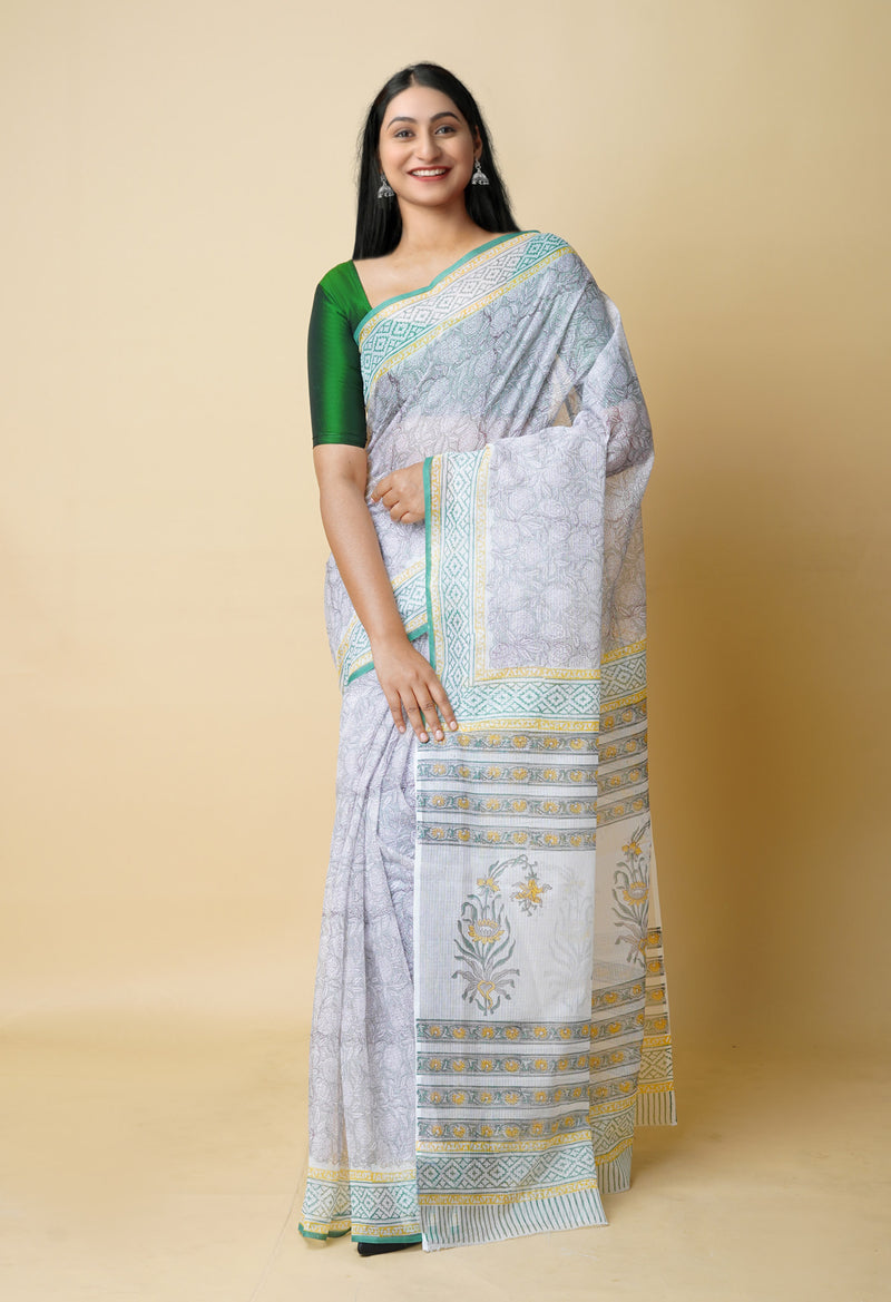 Grey Pure  Block Printed Kota Cotton Saree With Cotton Blouse Piece-UNM73270